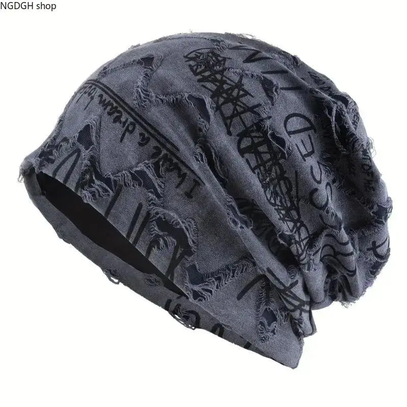 Distressed Graffiti Print Slouchy Beanie, Frayed Edges & Oversized Fit, Y2K Grunge Aesthetic, Perfect for Streetwear Outfits & Edgy Casual Looks