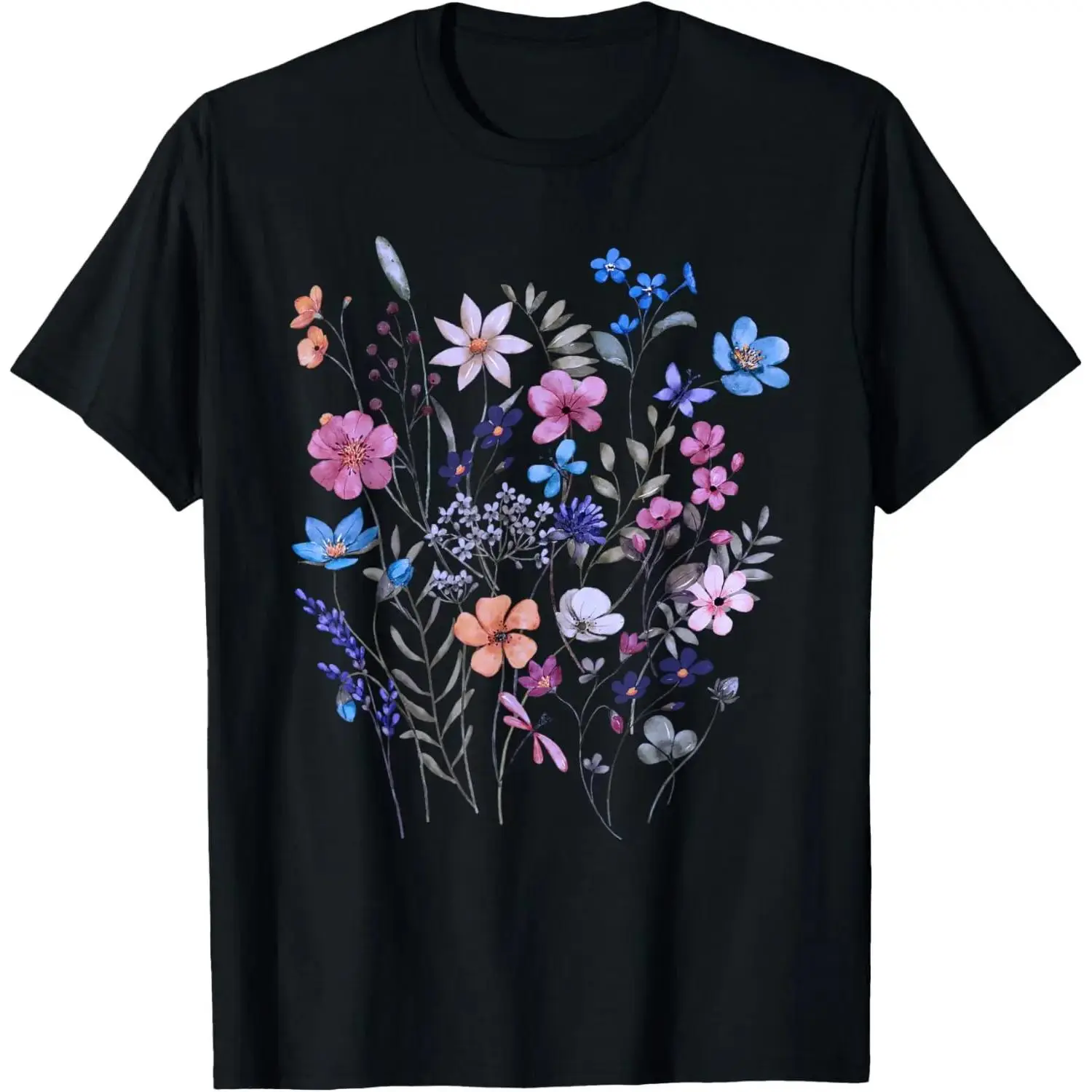 Women's T-Shirt with Vintage Wildflower Floral Graphic, Short-Sleeve Casual Style Top for Everyday Wear & Gardening