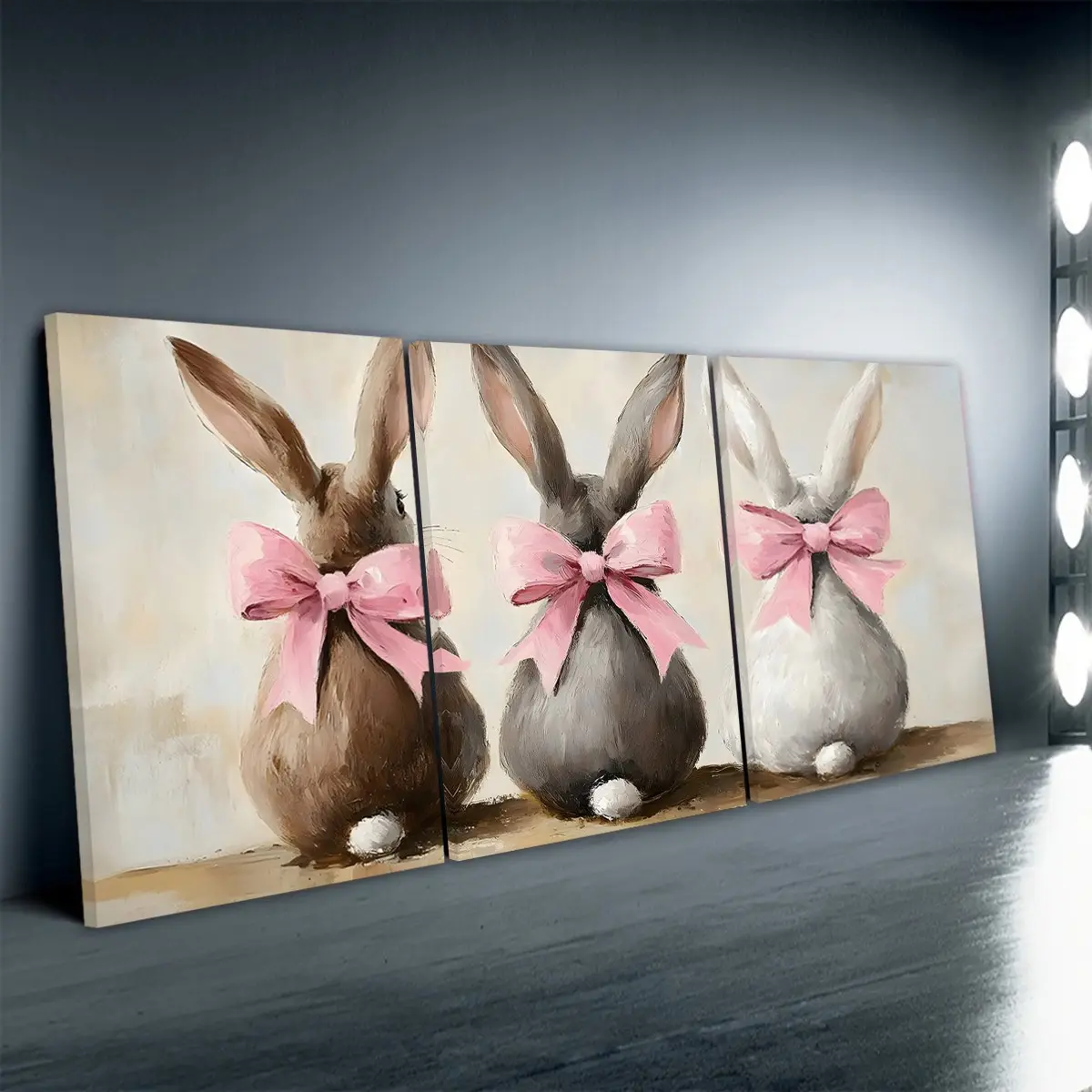 3pcs/Set Wooden Framed, Vintage Easter Bunny Print Wall Art Canvas, Easter Bunny Oil Painting, Spring Farmhouse Wall Decor, Easter Rabbit Pink Ribbon Bow Poster, For Bedroom, Office, Living Room, Home Decoration