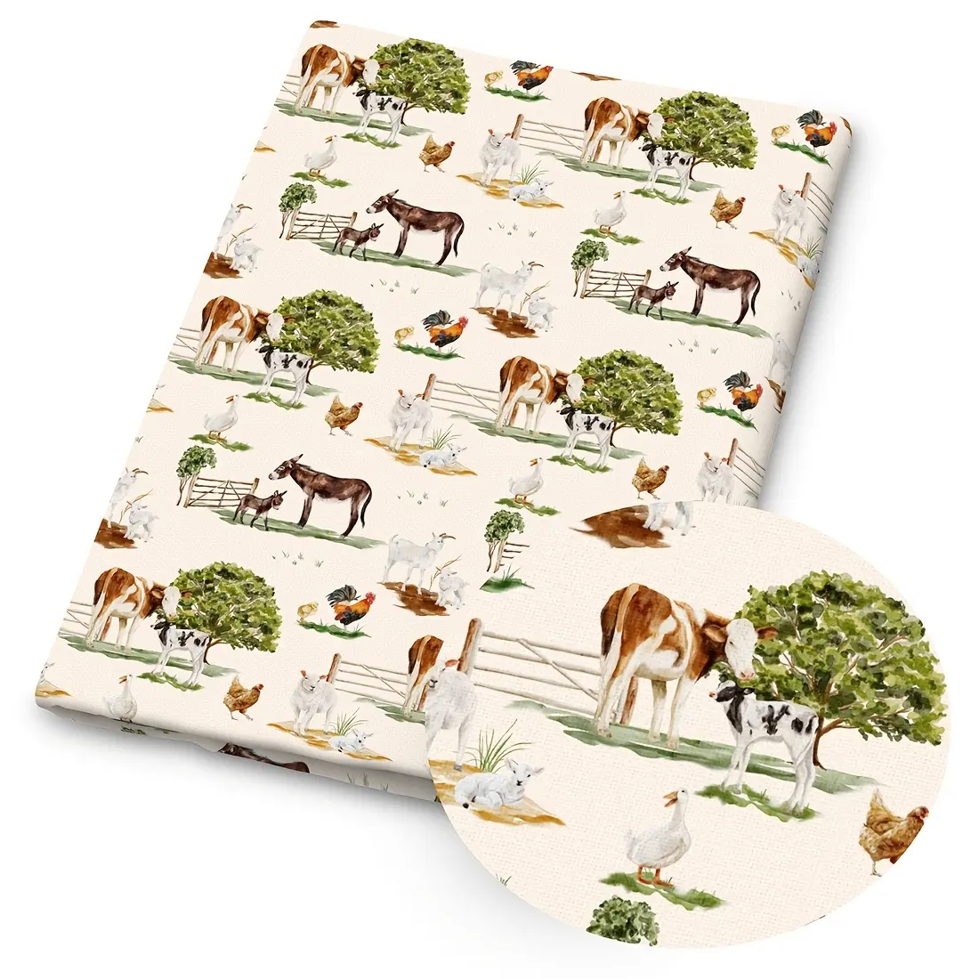 1 piece of Farm Life print fabric—59 x 19.68 inches (150 x 50 cm) of pre-cut polyester fabric featuring a pastoral scene with farm animals, red checks, farm tools, trees, and fences—perfect for sewing, scrapbooking, tablecloths, and crafts