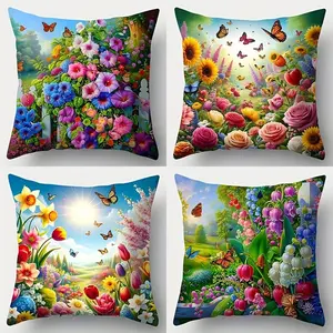 4pcs-Spring Themed Throw Pillow Covers, Brightly Colored Morning Glory, Bell, Orchid, Sunflower, Bird and Butterfly Pattern, Suitable Living Room, Bedroom, Sofa and Bed Decoration, 2D Flat, Single Sided Printing, No Pillow Core