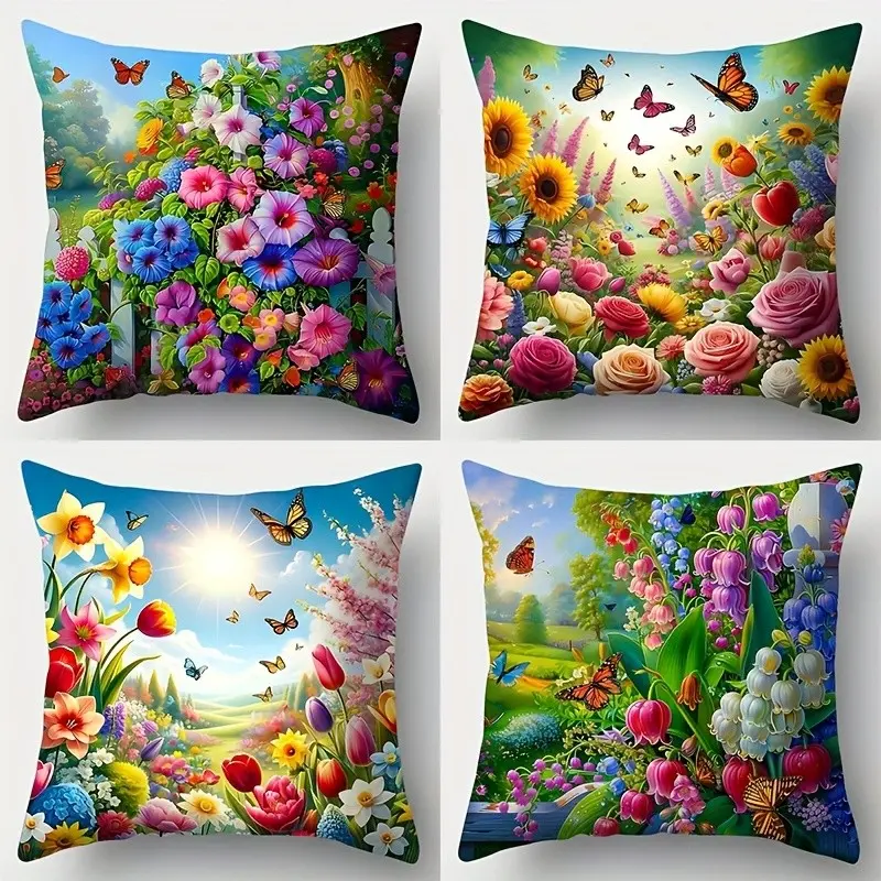 4pcs-Spring Themed Throw Pillow Covers, Brightly Colored Morning Glory, Bell, Orchid, Sunflower, Bird and Butterfly Pattern, Suitable Living Room, Bedroom, Sofa and Bed Decoration, 2D Flat, Single Sided Printing, No Pillow Core