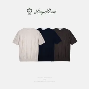 LazyRoad Old Money Vertical Ribbed Knit T-Shirt, Wool Blend Breathable Structured Short Sleeve, Quiet Luxury No-Logo Smart Casual Office Knit Top for Men-51612
