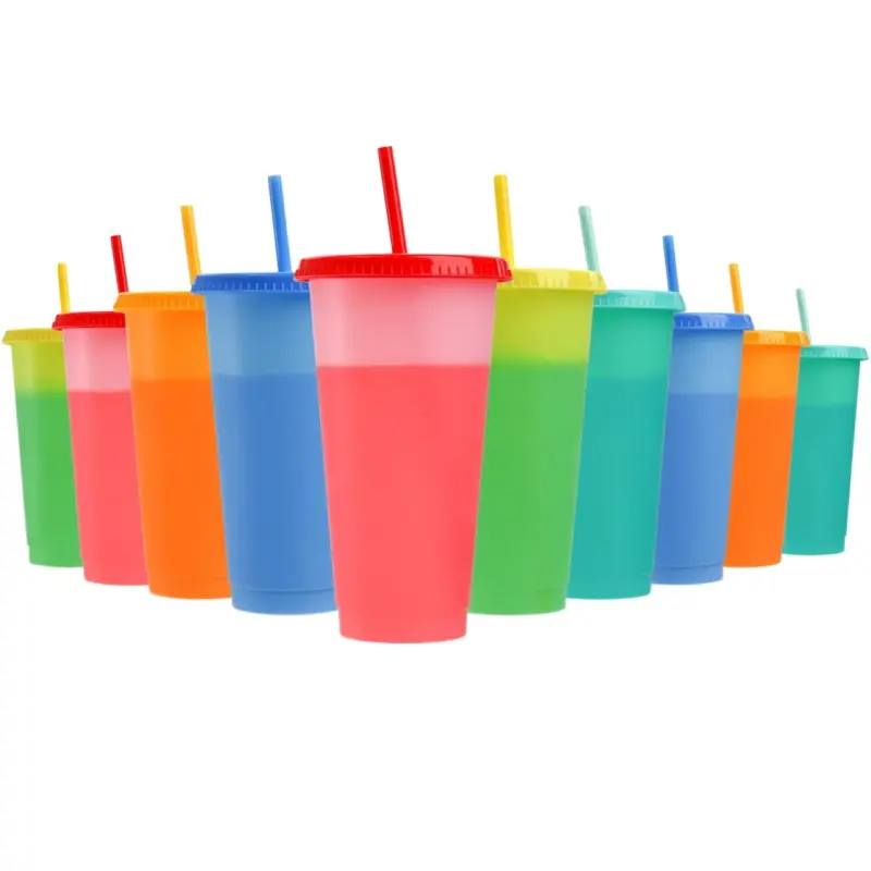 10-Piece Reusable Thermochromic Rainbow Cup Set - Refillable Straw Water Bottles, Color-Coded Portable Washable Kitchenware Drinkware, Refillable Water Bottles  cute drink ware