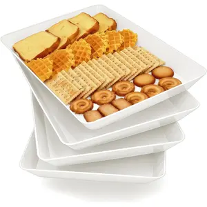4 Pack BPA Free Large White Plastic Serving Tray Platter for Veggie Fruit Snack Dessert Cookie Cheese Party Food Display Supplies