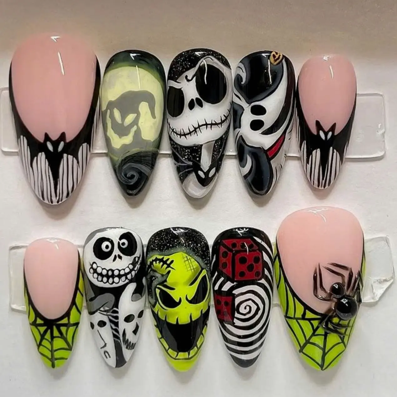 Handmade Halloween Press On Nails, Skull Character Ghost Face Spider Web Art, Black Neon Green Horror Nails, Spooky Party Costume Manicure Set
