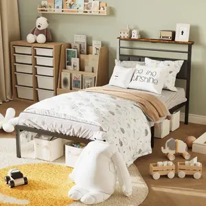 Royalcraft L Bed Frame with Charging Station, Platform Bed with Metal Slats, Upholstered Headboard with Storage Shelves, No Box Spring Needed, Black