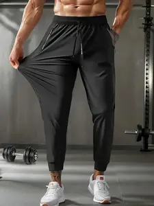 Men's Regular Fit Solid Zipper Pocket Sweatpants, Jogging Pants, Casual Comfy Breathable Jogger Pants for Gym Workout Running, Men's Bottoms for Summer