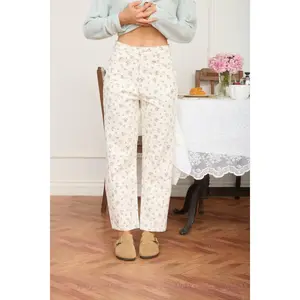 Cream denim with blue FLORAL ECRU DENIM High Waist Button & Zipper Closure Belt Loops Pockets Straight Leg Jean Pants 100% Cotton