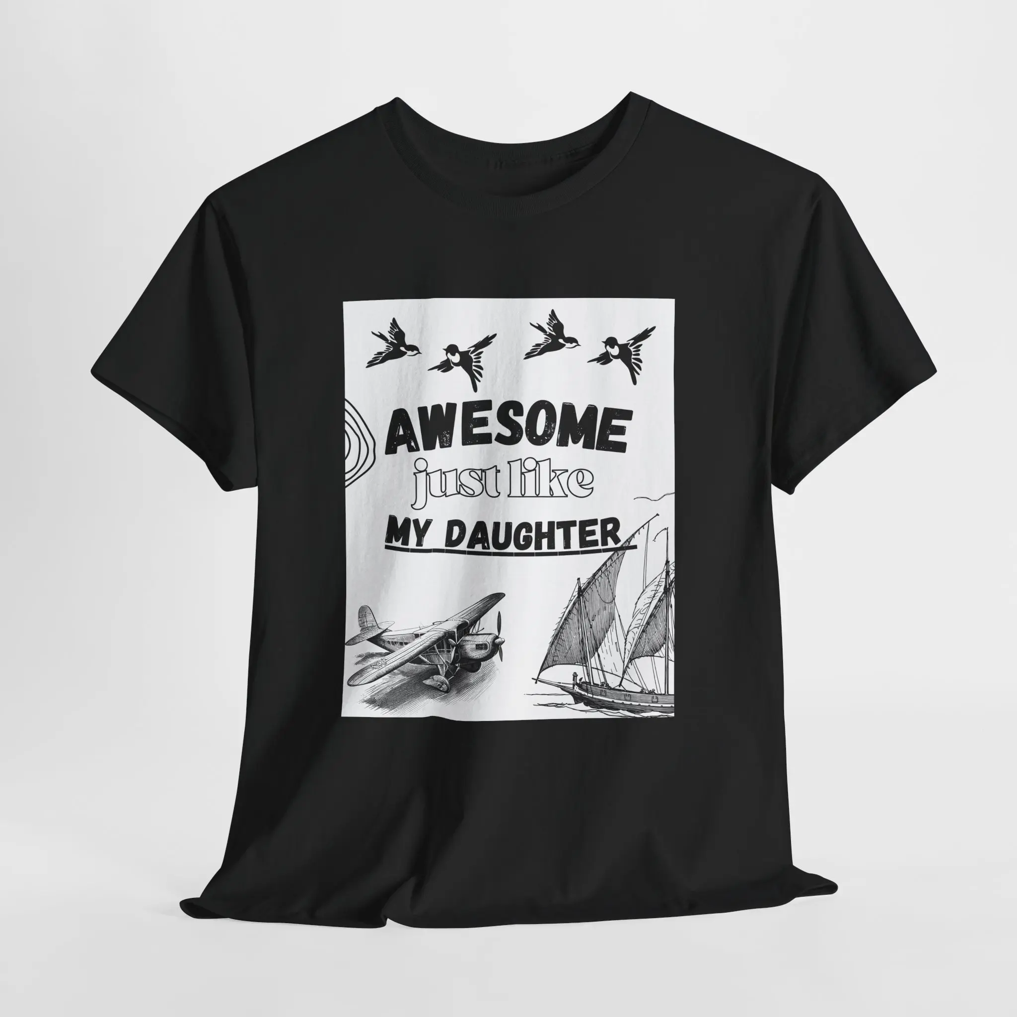 "Awesome Just Like My Daughter" Graphic, Men's Short-Sleeve T-Shirt, Vintage Plane-Sailboat-Birds Design,  Casual Cotton Fabric Menswear  Top Ribbed Tee Classic Tshirt