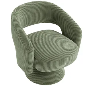 Green corduroy swivel barrel accent chair with thick padded cushion enveloping curved backrest ergonomic design and 360 degree swivel ideal for reading relaxing and resting in the living room