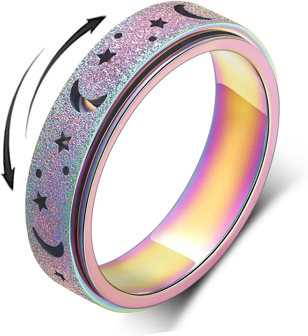 Women's Titanium Stainless Steel Spinner Rings - Sandblasted Finish, Hollow Outer Band, Moon Stars Design, Multi-Size Adjustable Anxiety Rings, Unisex Birthday Ideas, Black, Rainbow, Rose Gold, Silver Gift Options, A Rainbow