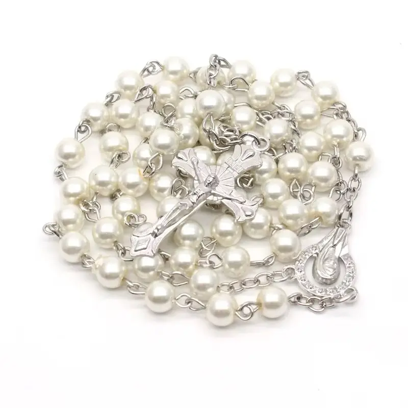 6mm White Pearl Cross Prayer Rope Rosary Necklace - Female Unisex Chain & Link Necklace Chain for Daily Wear, Christmas Party Decorative Hanging Pendant