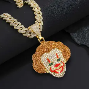 2025 New Clown Pendant Necklace with Cuban Necklace, Clown Men Necklace, Ice Blonde Hair, Clown necklace Hip Hop Rap Punk rock, Halloween party,
