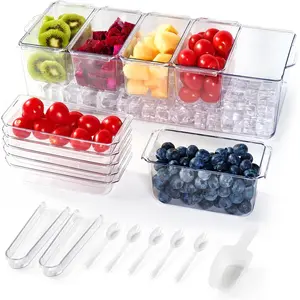 Ice Chilled Condiment Tray Server with 5 Small Containers Removable Compartments, Clear Garnish Serving Platter for Fruit Salad Food, Outdoor Events and Picnics