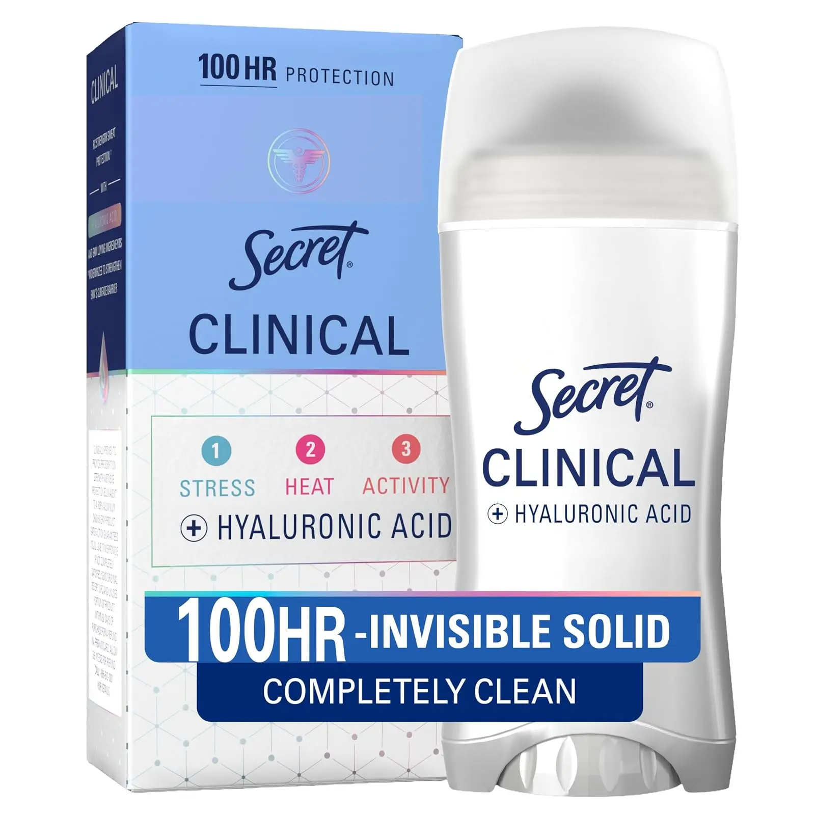 Secret Clinical Strength Invisible Solid Antiperspirant Deodorant for Women, 100HR Sweat & Odor Protection, 3X Stress Protection with Hyaluronic Acid, PH Balanced, Completely Clean Scent, 2.6 oz