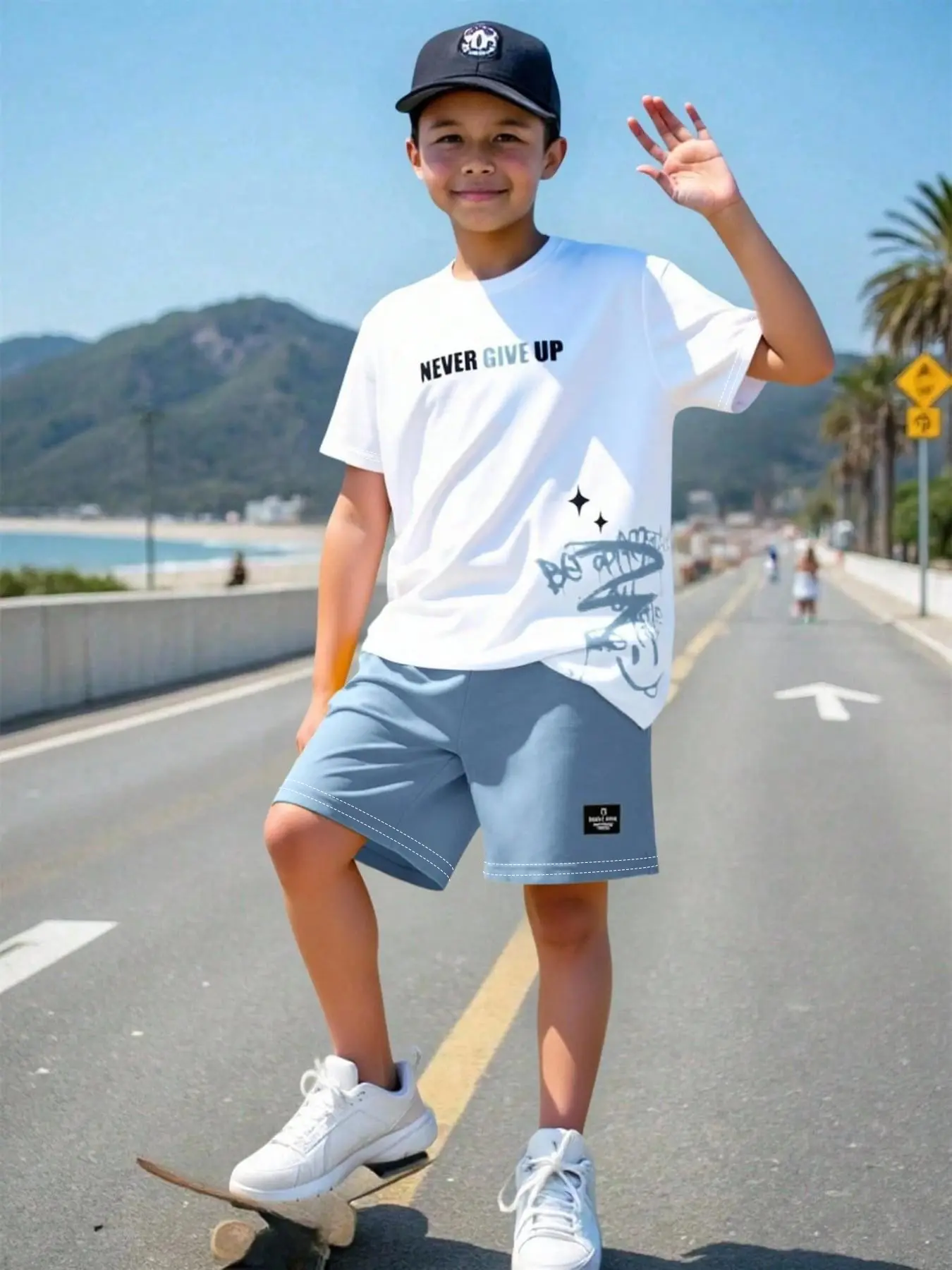 2pcs Tween Boys' Casual College Style Cute Pattern Round Neck T-Shirt And Shorts Graphic Print Set, Suitable For Commuting, School, Daily Casual, Sportswear, Skater, Spring Summer, Boys Shorts Set
