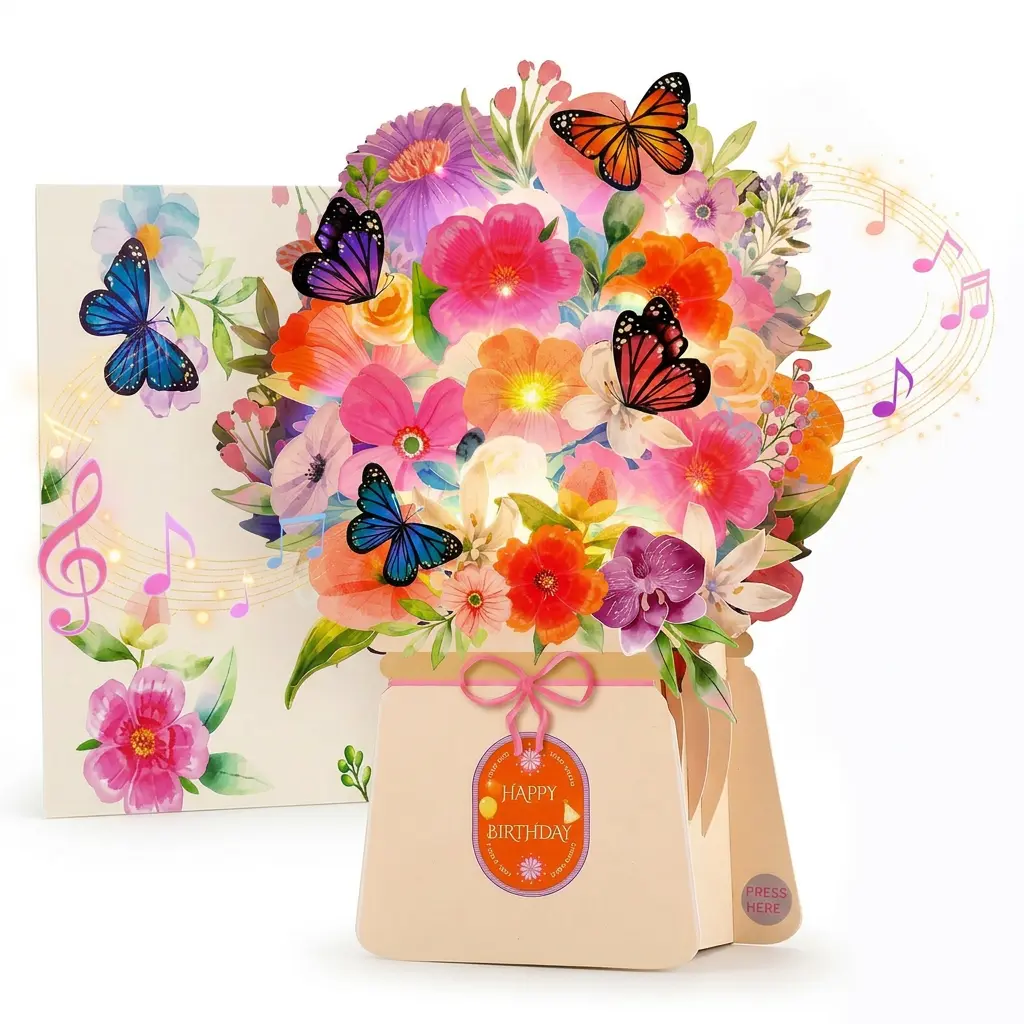 Birthday Greeting Card, Light & Music Birthday Card, Lily and Butterfly Theme, 10-inch Preserved Flower Bouquet, 3D Pop-Up Birthday Card, Perfect for Women, Wives, Mothers, Daughters, Sisters, Partners—tarjeta regalo,excellent gift&gift pack