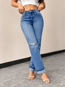 Women's Casual Denim Jeans - Womenswear, Comfortable Cotton-Blend Fabric, Elastic Waist Slim Bootcut Indigo