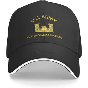 US Army MOS 12B Combat Engineer Baseball Cap - Black Polyester Trucker Hat with Yellow Emblem, Adjustable & Breathable - Inspired Design for Outdoor Activities, Military Apparel | Emblem  | Polyester Cap