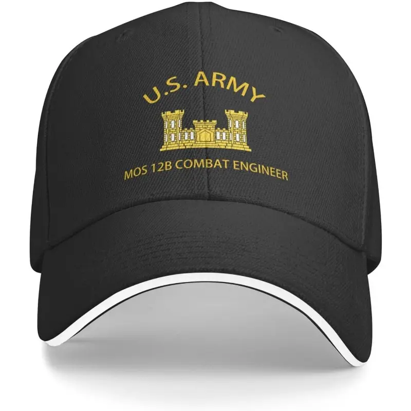 US Army 12B Combat Engineer Polyester Baseball Cap, Military Style Trucker Hat, Adjustable & Breathable with Wide Brim for Sun Protection