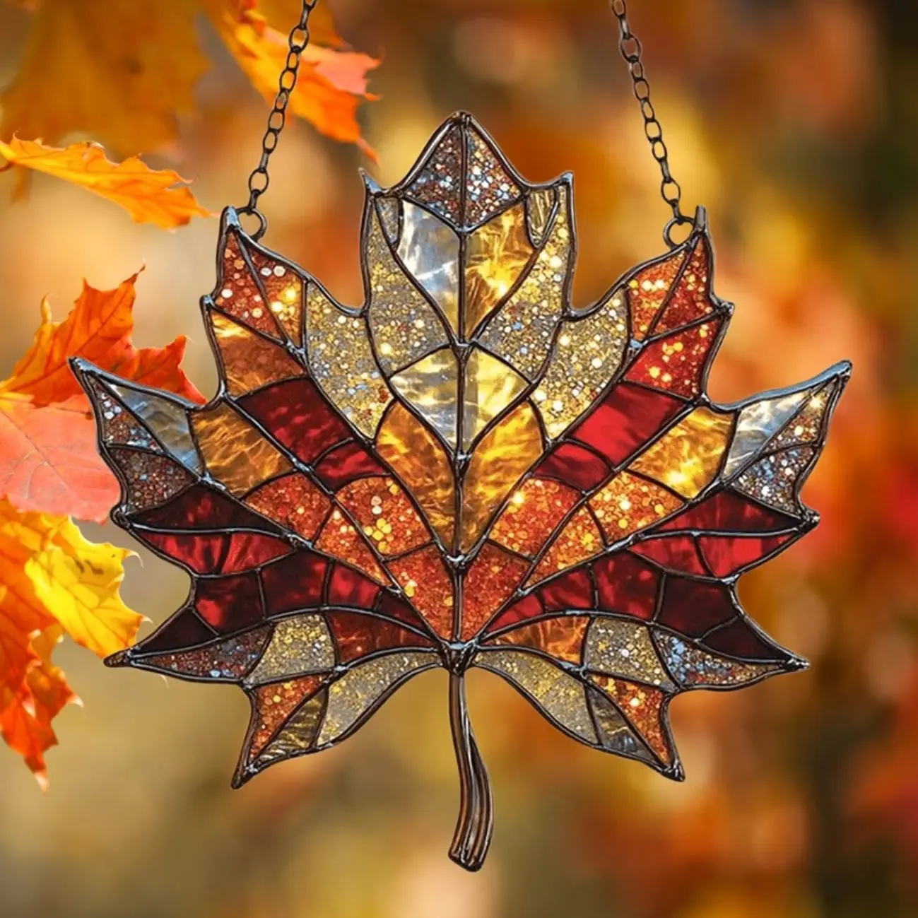 Fall Maple Leaf Suncatcher, Stained Glass Window Hanging, Glitter Maple Leaves Fall Ornaments, Maple Leaf Pendant for Fall Winter Thanksgiving Pink