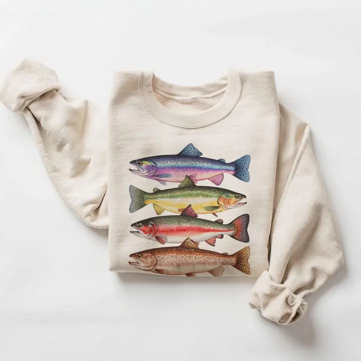 Abstract Colorful Trout In A Row Sweatshirt - River Fish Trout Species Outfit - Fly Fishing Gift - Boho Unisex Crewneck Sweatshirt