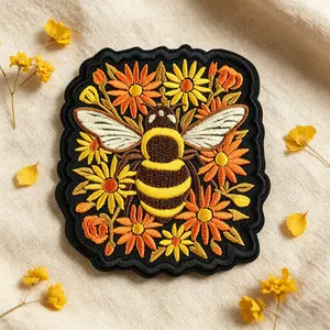 Bee Floral Pollinator Embroidery Patch, Adhesive Iron-On, Suitable for Clothes, Jackets, Hats, Accessories, DIY Craft Supplies