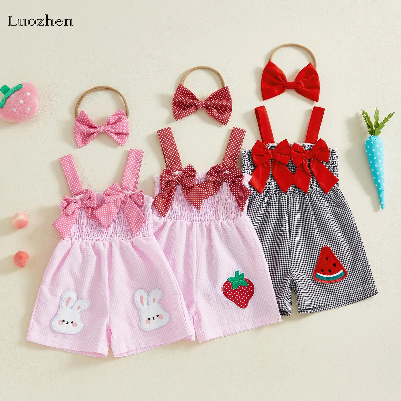 Infant and Toddler Baby Girl Sweet and Cute 2-Piece Set Summer Clothing Sleeveless Square Neck Bow Front Embroidery Strawberry, Watermelon, Bunny Body