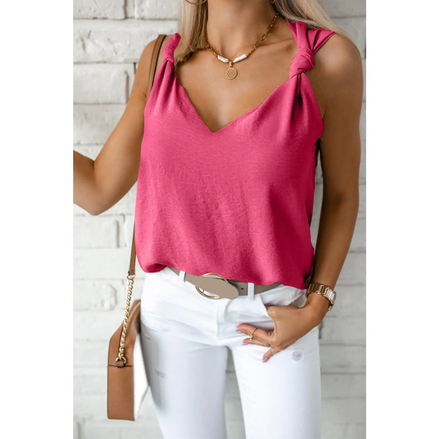 Rose White V Neck Knotted Shoulder Vest