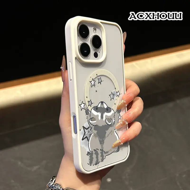 Raccoon Star Catcher Pattern Magnetic Phone Case for iPhone 17 16 15 14 Pro Max 13 12 11 XR XS Plus Non-Yellowing Clear Crystal Drop-proof Slim Silicone Shockproof Transparent Acrylic Cover Supports Wireless Charging Smartphone Cellphone