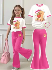 Girls' Cartoon Printed Round Neck Short Sleeve Top & Bell Bottoms Set, Casual Summer, Fitted Design, All Seasons Wear, Summer Clothes Set