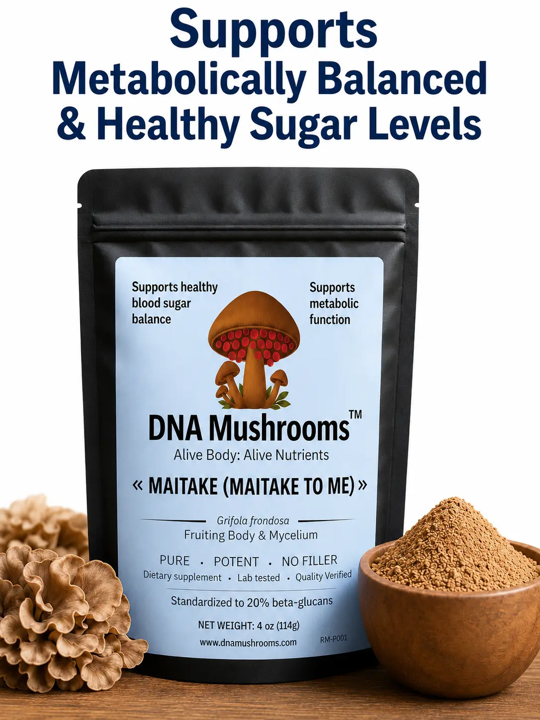 Maitake Mushroom- Supports metabolic, supports sugar levels naturally as a part of a healthy diet and lifestyle. Daily wellness supports high quality ingredients Pure, Potent, No fillers, traditionally used