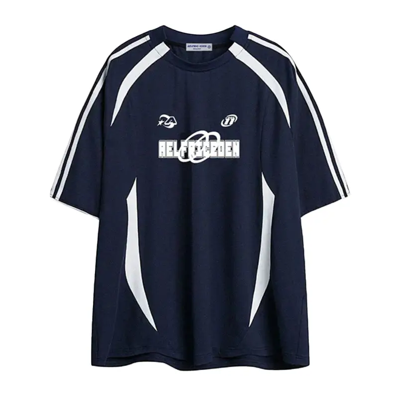 AELFRIC EDEN Unisex Contrast Color Stripe Racing Tee Navy Blue Sporty Design 100% Polyester Summer Sports Sweatshirt