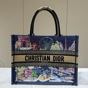 Pre-owned Dior Canvas Tote Bags Raffia Souvenir Embroidered Medium Book Tote Blue Natural Multicolor 28580488