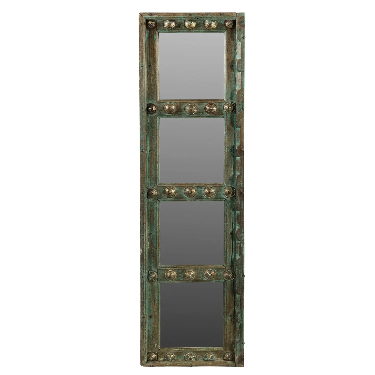 Antique Door Panel With Brass Pins Accents And Mirror Wall Hanging