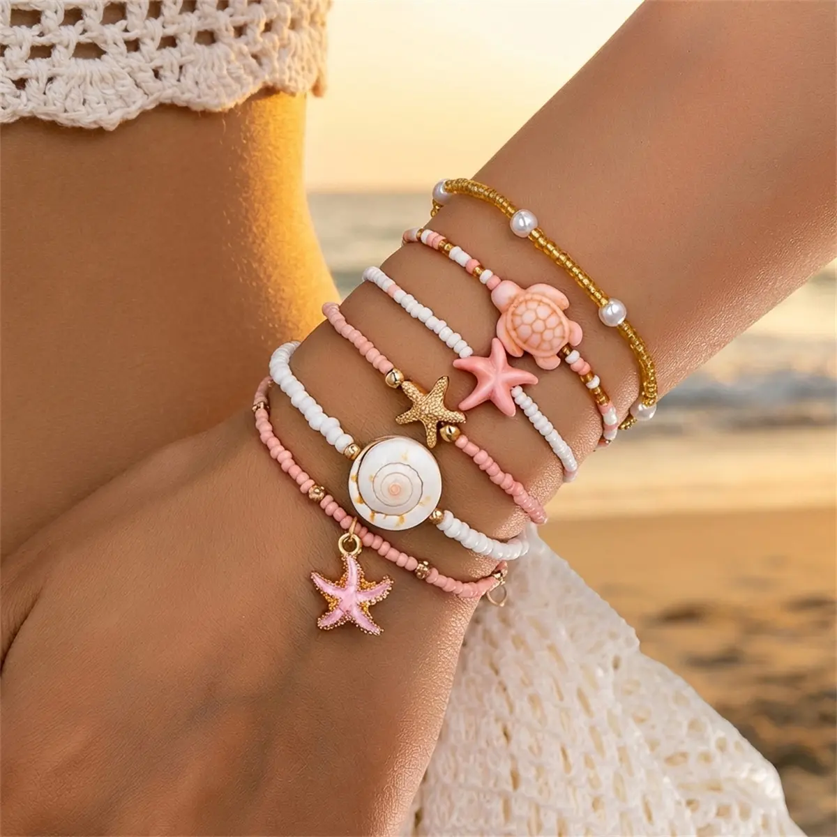 Bohemian Starfish Turtle S Beaded Bracelet Set for Women Handmade Multilayer Stacked Bracelets Summer Beach Party Jewelry