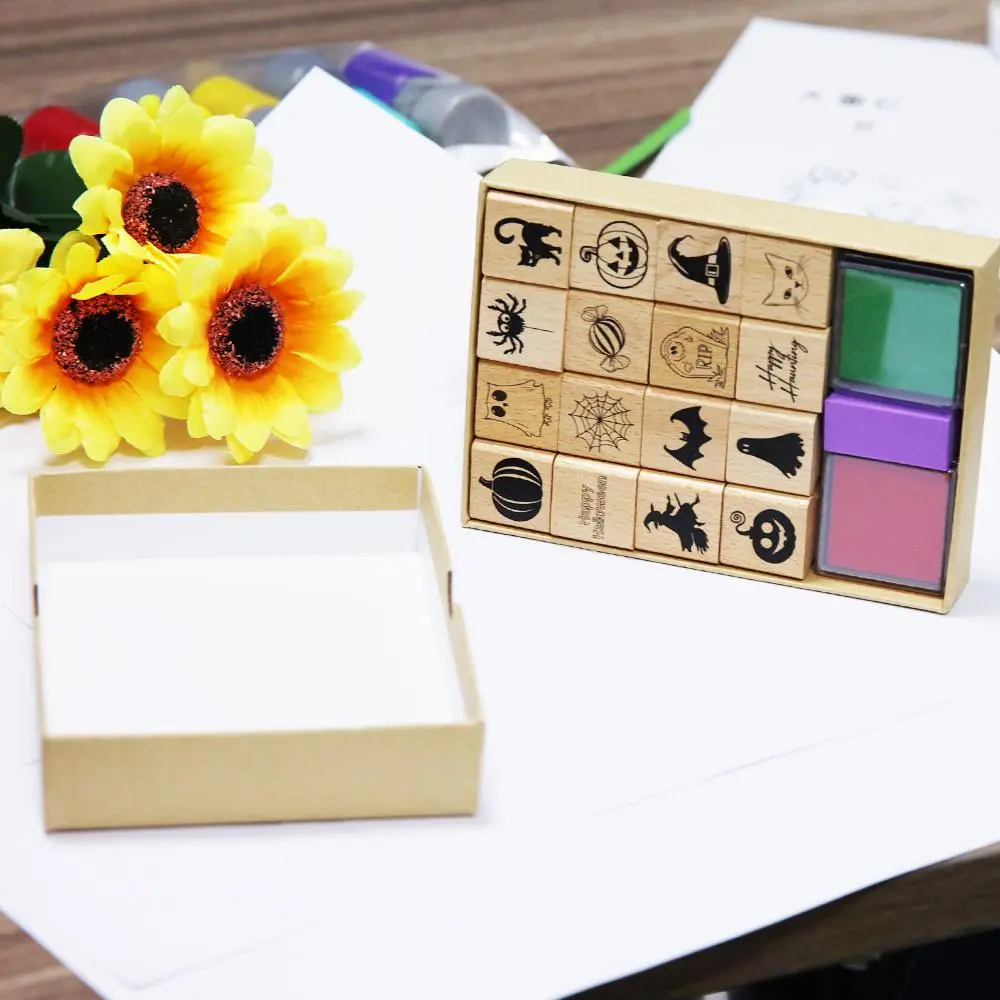 Halloween Themed Wooden Stamp Set, Including 16 Stamps & 4 Color Ink Pad, Party Gift, Classroom Game Reward, Decorative Stamp for DIY Scrapbooking