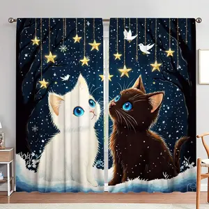 Cat Pattern Door Curtain, 1 Set Starry Sky Print Door Curtain, Home Decor for Living Room Bedroom, Room Divider Curtain, Vanity Decor Accessories, Home Decoration Curtain