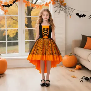 Orange Cobweb Ball Gown with Hat Oversleeve 085 Kids Clothes Black Long Halloween Dress Children Cosplay Costume Fancy Carnival Pumpkin Witch Vampire Party Holiday Princess Frock 7-12Y