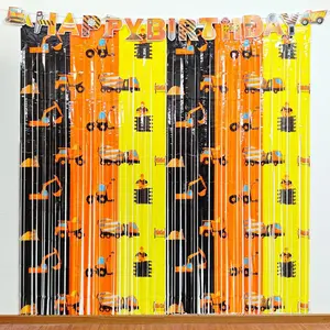 XY-OMT02 Construction Birthday Party Fringe Curtains Decorations Supplies, 2 Pack 3.3 x 6.6ft Tinsel Foil Fringe Photo Backdrop,1 Pack Happy Birthday Banner