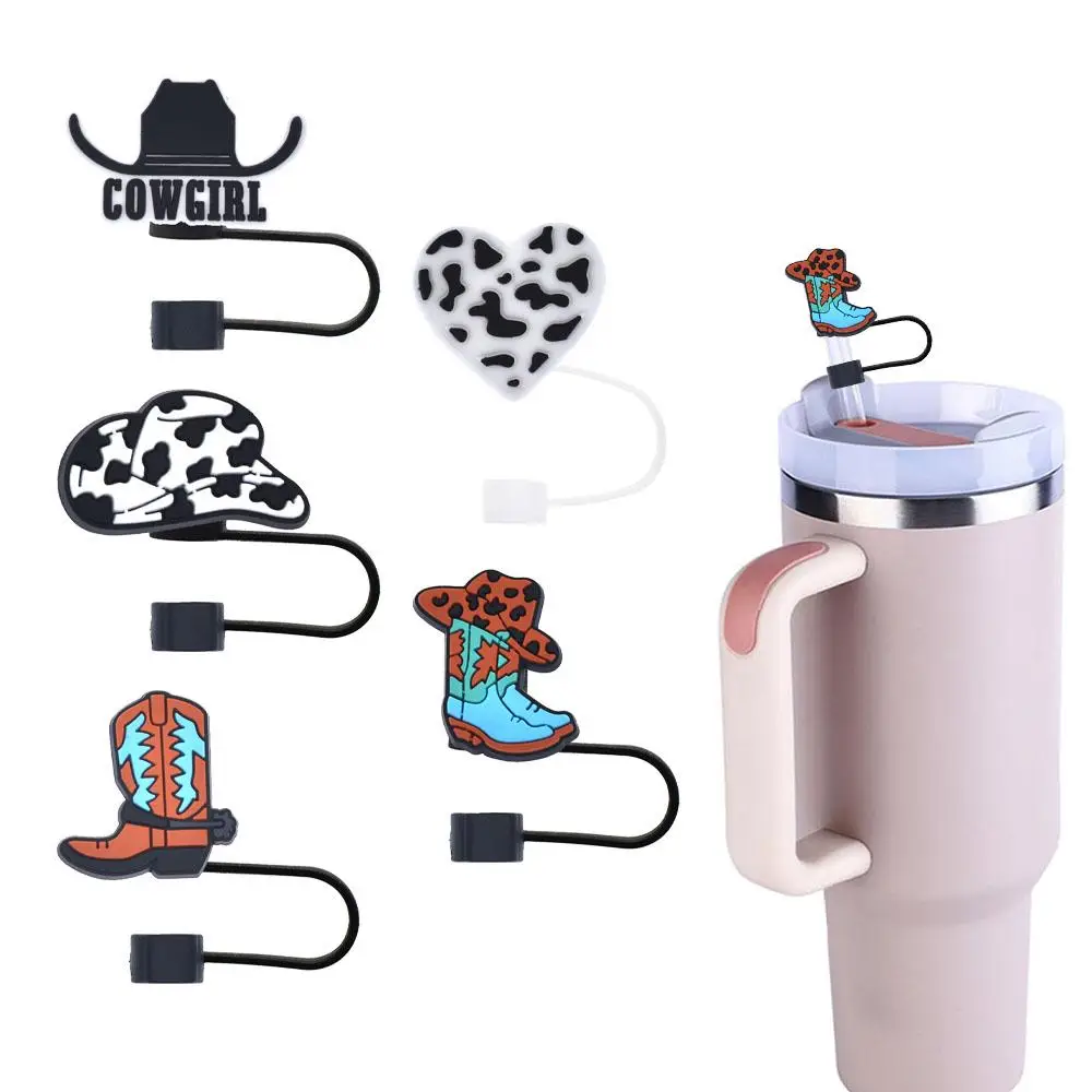 Cute Cowboy & Cowgirl Themed Design Straw Cap, 5 Counts Reusable Colorful Reusable Straw Cover, Drinkware Accessories for Home Kitchen Picnic School O
