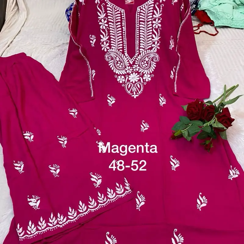 Magenta 48-52 Rayon Lucknow Chikankari Kurti Set with Plazzo for Women Elegant Embroidered Top & Bottom Asian Style Casual Wear