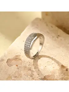 Silver Plated Crossover Ring with Paved CZ - Minimalist Open Band Ring for Women, Everyday Statement Jewelry