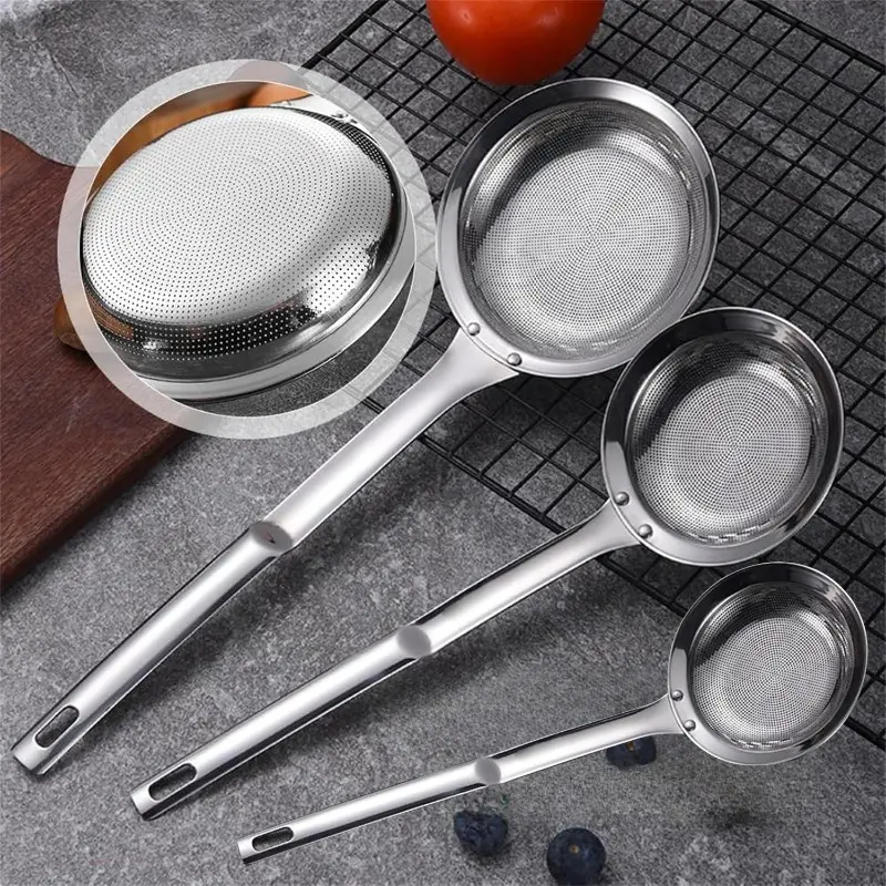 Stainless Steel Fine Mesh Strainer Set with Long Handle & Flat Bottom - Multi-Size Kitchen Utensils, Skimmer for Hot Pot Oil, Cooking Use with Tea, Juice, Flour, Soy Milk Colander Functionality