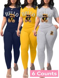 women's cartoon bear print crop tank top & skinny pants two-piece set, casual fashion cozy two piece for daily outdoor wear, ladies clothes for summer, suits, womenswear