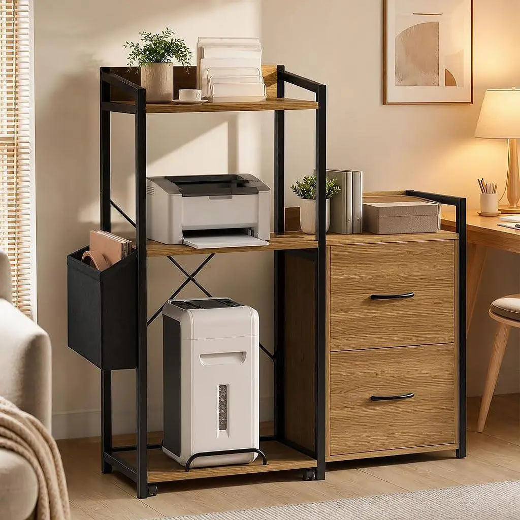 GARVEE Filing Cabinets for Home Office, Storage Cabinet with Drawers,Open Shelf, 2 AC Outlets & USB Ports, RGB LED Lights, Metal Frame Wood Panels, 37.8D x 15.75W x 49.21H