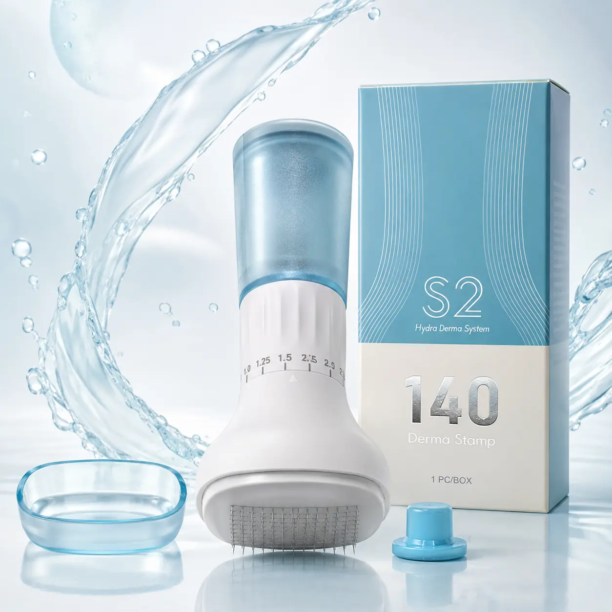 Adjustable Hydra Derma Stamp Cosmetic Tool, 140-Pin Facial Microneedle Serum Applicator with 10ml Reservoir, Plastic Body Manual Skincare Tool for At-Home Beauty Routines, Suitable for All Skin Types
