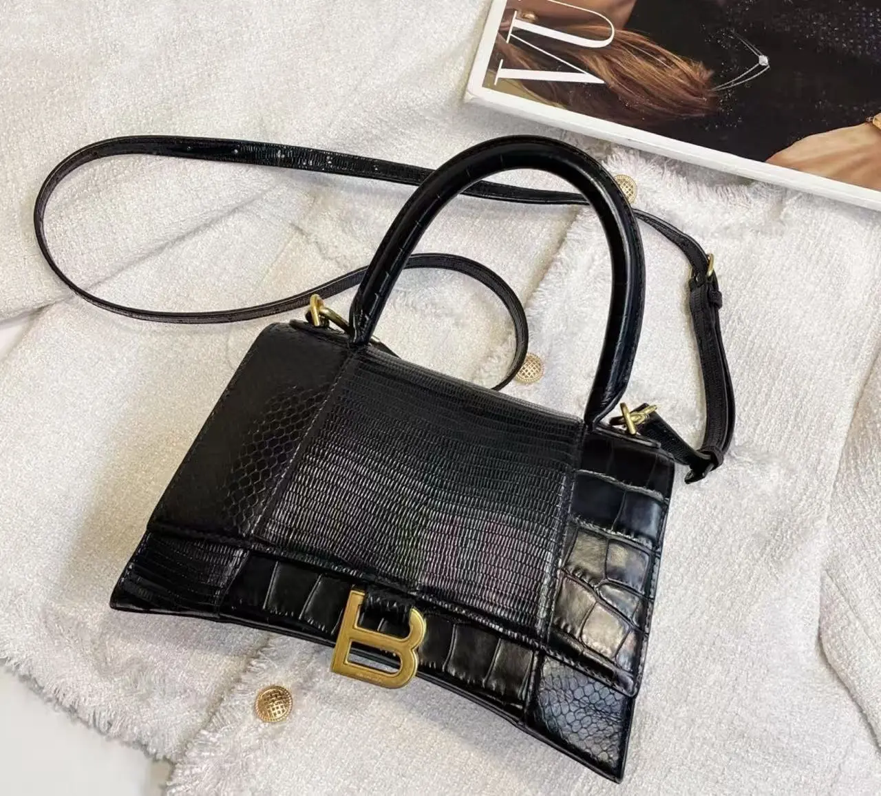 Pre-owned Balenciaga Hourglass S Tri‑Material Rare Leather Crossbody Bag in Black with Gold Hardware