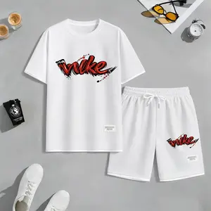 Men's Red Graffiti-Style Art Letter Print Fake Two-Piece Short Sleeve T-Shirt & Shorts Set, Summer Waffle Breathable Sporty Casual Two-Piece Outfit, Streetwear Gym Training Activewear
